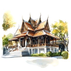 Watercolor Illustration of a Traditional Thai House with a Roof and Balcony.