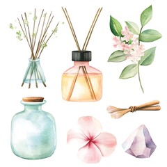 Watercolor Illustration of  Aromatherapy Elements.