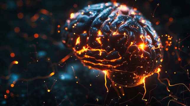 A human brain illuminated with glowing energy lines