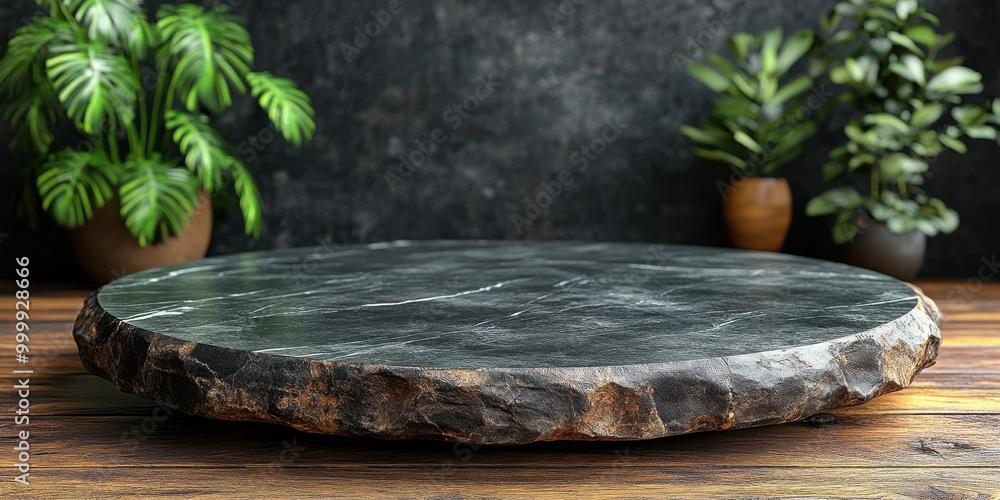 Poster a rustic black marble stone platform resting on aged wood planks with greenery in the background