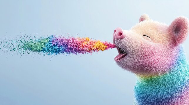 Cute piglet with colorful fur blowing out rainbow particles. Fantasy animal art with vibrant colors and whimsical design.