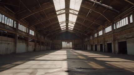 Industrial Warehouse Interior with Sunlight Streaming Through Skylights