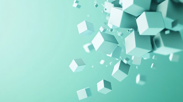 An abstract image of white cubes floating in mid-air against a green background.