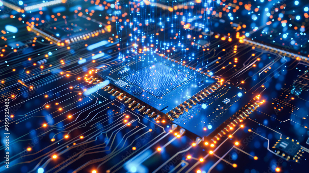 Poster close up of an advanced microchip with data flowing through it