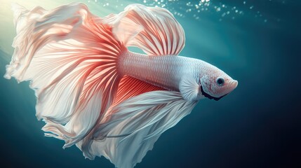 Fototapeta premium An artistic composition of a Betta fish in motion, with flowing fins creating a sense of fluidity and grace as it navigates through the water.