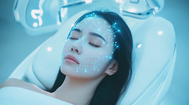 Futuristic facial mapping on woman's face against blue technology background in high-tech style. concept of innovation in dermatology and cosmetic procedures