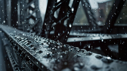 Detailed Image of Raindrops on a Bridge's Metal Framework, Juxtaposing Nature and Structure