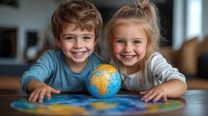 Fototapeta premium siblings painting at home with watercolors and tempera paints creating a model of planet earth