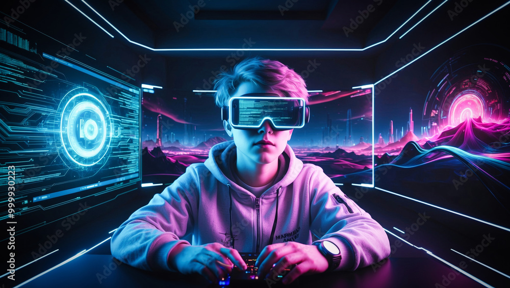 Poster a cyberpunk hacker in a virtual reality setting