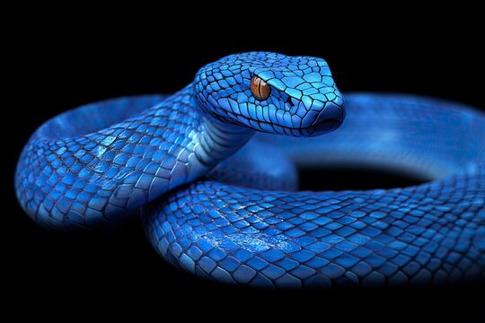 3D Illustration of Blue insularis viper venomous snake isolated in dark black background .generative ai