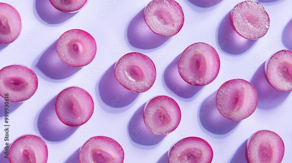 Poster grape halves arranged in a pattern on a purple background.