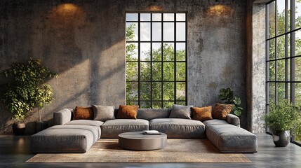 Living room loft in industrial style 3d render