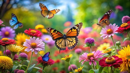 Colorful Butterflies Dancing in the Breeze Among Vibrant Flowers in a Lush Garden Landscape