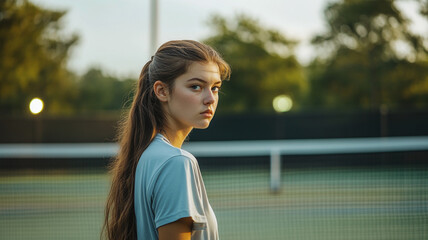Young tennis player poses thoughtfully on the court during golden hour at a local sports facility