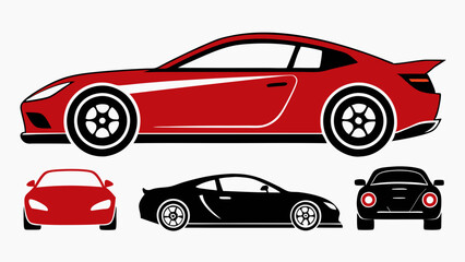 Sports car silhouette on a white background. set view from side, front, back, and top