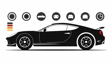 Sports car silhouette on a white background. set view from side, front, back, and top