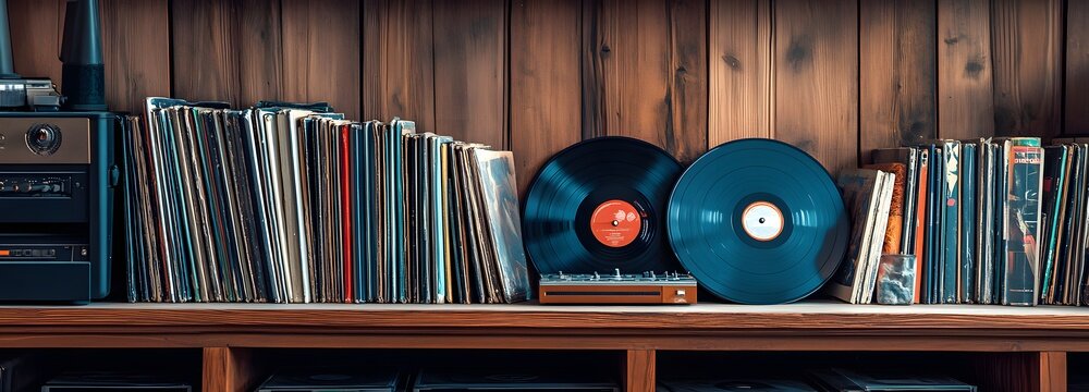 47. A collection of vinyl records on a stylish shelf