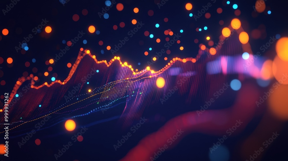 Poster an artistic representation of a 3d line graph showing stock price fluctuations over time, with anima