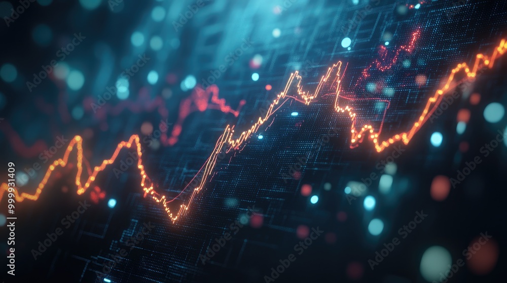 Poster an artistic representation of a 3d line graph showing stock price fluctuations over time, with anima