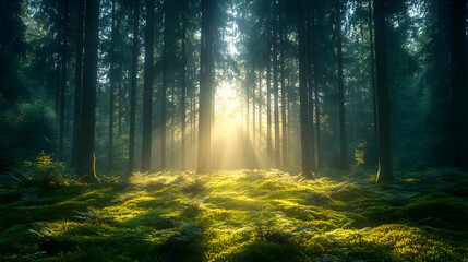 Obraz premium Sunlight Beams Through Forest Trees, Creating a Mystical Atmosphere