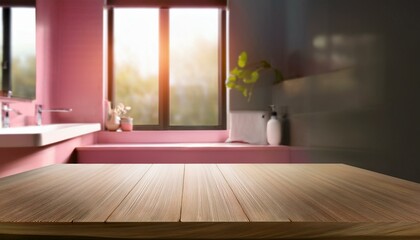 Wooden countertop with pink podium against bathroom background. Empty tabletop with a platform for presenting a beauty product. Stand mockup with overlay of sunlight from a window. Stand with sunligh