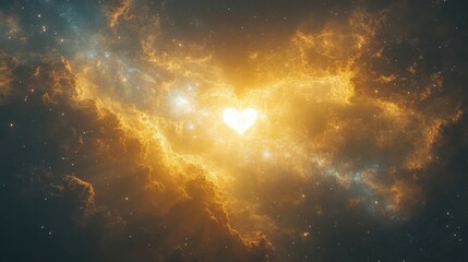 A luminous heart-shaped nebula shines brightly in the vast expanse of the cosmos, surrounded by celestial clouds and shimmering stars.