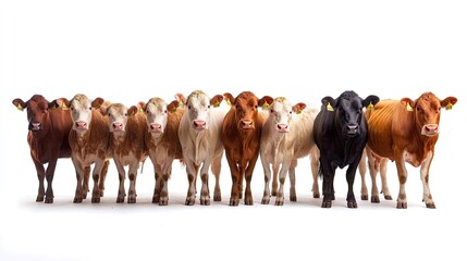 A lineup of cows in various colors.