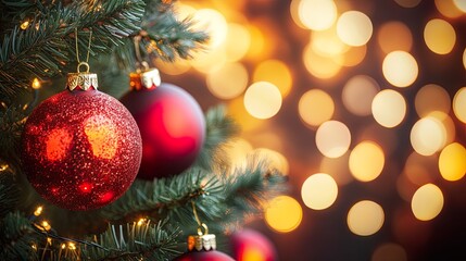 Christmas tree with ornaments and soft bokeh lights.