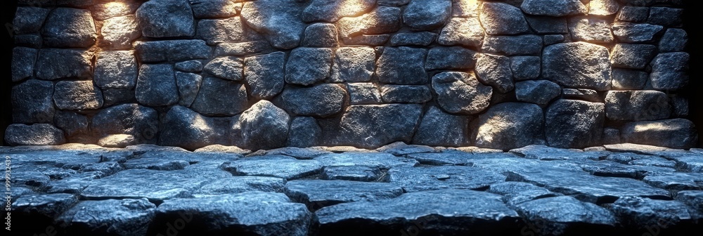 Poster a stone wall illuminated by soft lights casts a warm glow on the rough, uneven cobblestone floor ben