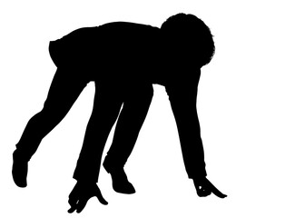 クラウチングスタート ビジネスマン男性がスーツでスタートするシルエット 全身斜め前正面のイラスト