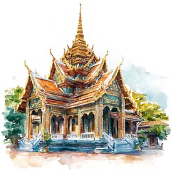 Fototapeta premium Watercolor painting of a traditional Thai temple with intricate details and a golden spire.