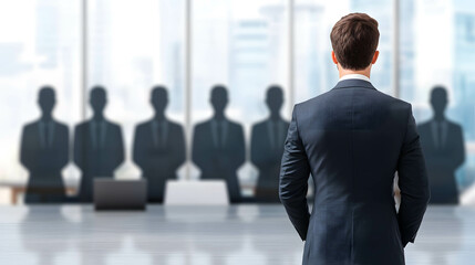 A businessman or executive standing alone in front of a wall of accusing shadows, representing societal condemnation for unethical actions. Laws and penalties for companies with poor governance.