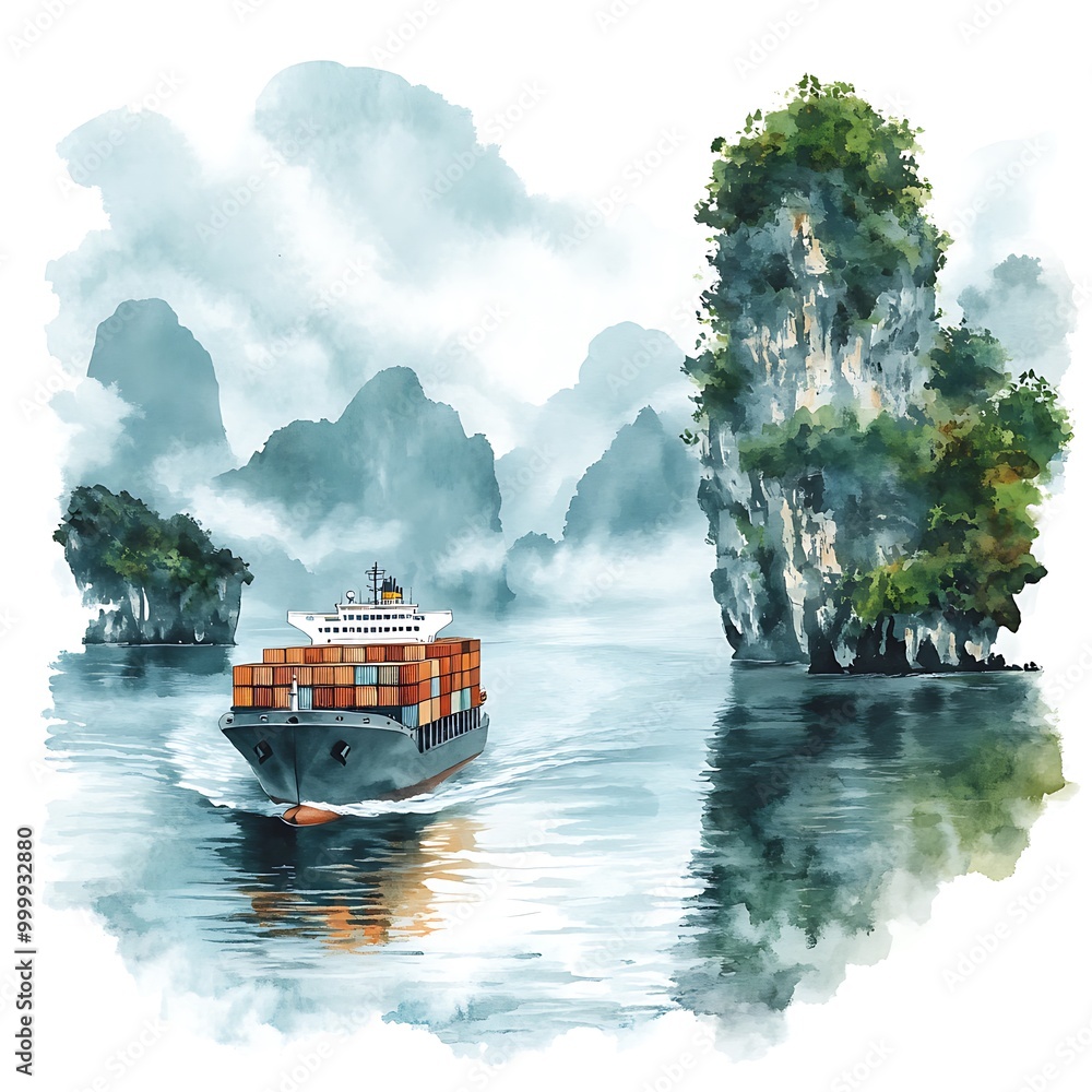 Wall mural Cargo Ship Navigating Through Misty Mountains.