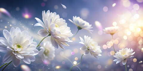 serene scene of white flowers gracefully swaying against dreamy background filled with soft bokeh lights, creating tranquil and uplifting atmosphere