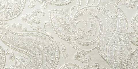 Delicate white paisley shapes materialize from pristine white canvas, creating elegant and textured design that adds sophistication to any space