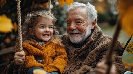 Obraz premium small girl with senior grandfather in wheelchair playing in backyard garden swinging