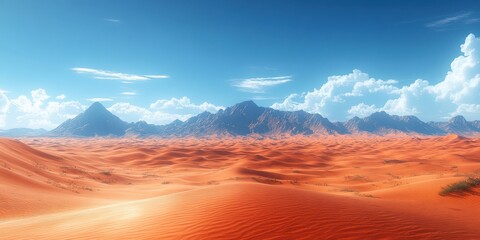 Naklejka premium A vast expanse of red sand dunes stretches out beneath a vibrant blue sky, punctuated by majestic mountain ranges reaching for the heavens, a picturesque representation of the 