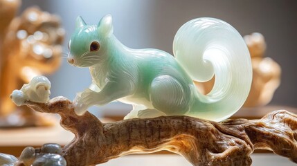 Exquisite Jade Squirrel Figurine on Display in Elegant Museum Setting