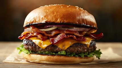 A close-up of a juicy cheeseburger with bacon and onion.