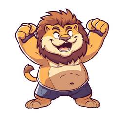 Obraz premium A cartoon lion with a big smile and his arms raised in the air.