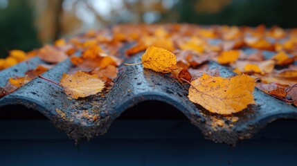 Fototapeta premium A single yellow autumn leaf lays on top of a wet, dark blue corrugated surface with other leaves strewn about