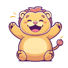 Obraz premium A happy cartoon lion with its arms raised in the air, smiling.