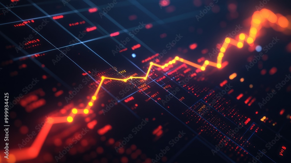 Poster an interactive 3d line graph illustrating sales growth over the years, with glowing data points and 