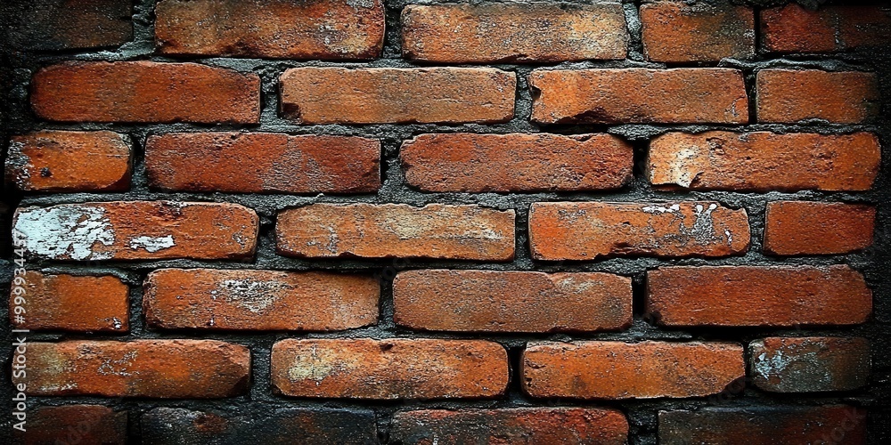 Poster A weathered brick wall with a rustic texture and faded red bricks The brickwork has a worn and aged look, creating a sense of history and time