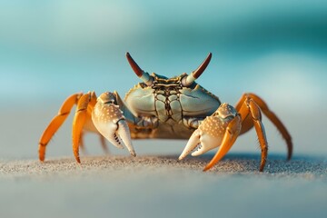 A close-up shot of a crab on a sandy beach. Funny animals in wildlife generative ai