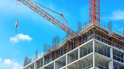 Soaring Skyline Majestic Crane Towers Over Towering Commercial Building Under Construction