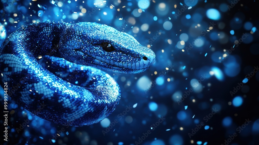 Aufkleber A shimmering blue snake with iridescent scales, illuminated by a cascade of glittering dust particles, evokes an otherworldly ambiance.
