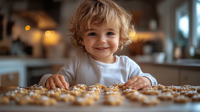 toddler boy making gingerbread cookies at home
