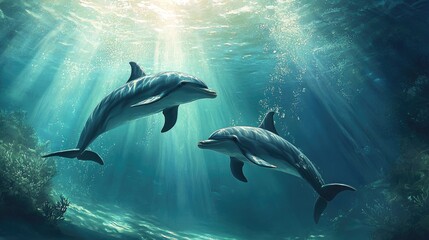Obraz premium An underwater view of dolphins playing together, with sunlight filtering through the water, creating a magical scene of friendship and energy beneath the surface.