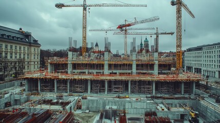 Fototapeta premium Cranes Lifting Structural Elements on Urban Construction Site with Residential and Commercial Developments